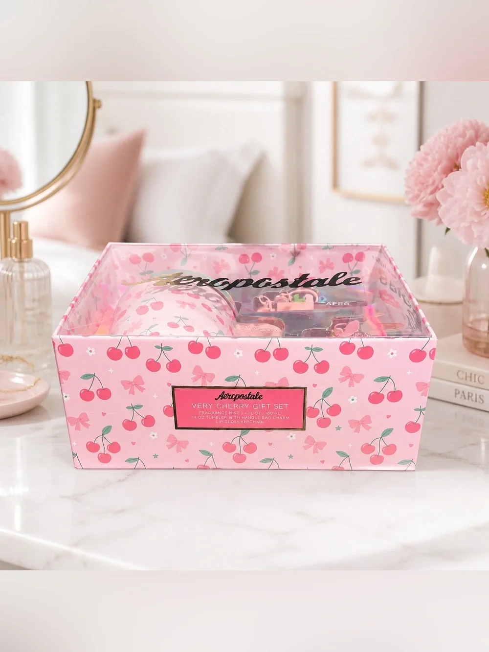 Aeropostale Pink Cherry 14oz Tumbler Gift Set with Lip Gloss & Charms